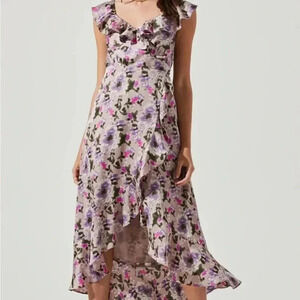 ASTR THE LABEL WRAP WILSHIRE RUFFLE OPEN BACK FLORAL‎ MIDI DRESS SIZE M